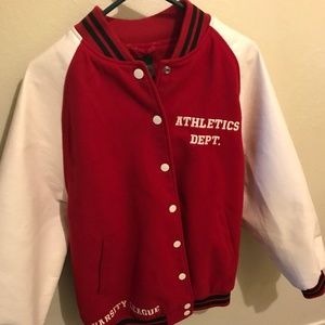 Women's oversized red and white varsity jacket faux leather sleeves